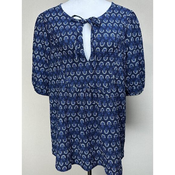 LOFT Blue Floral Puff Sleeve Tie Neck Top Women’s XL Relaxed Fit Stretch - Picture 1 of 10